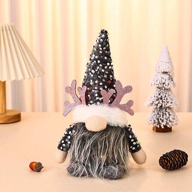 Light-Up Christmas Gnome Plush Doll with Sequin Hat & Antlers - Festive LED Tabletop Decoration(silver)