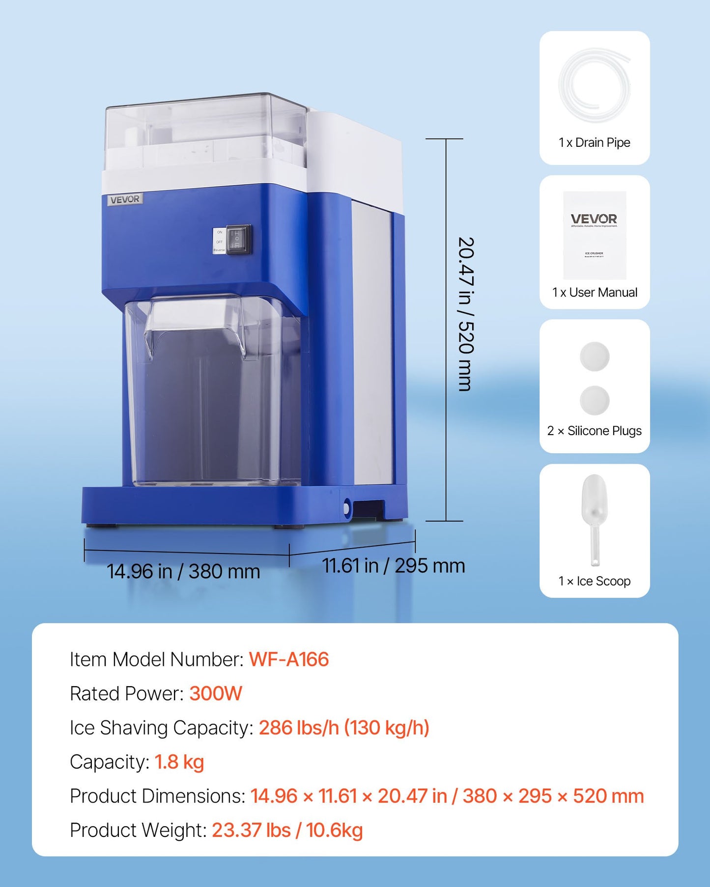 Commercial Ice Shaver Machine, 1.91QT /1.8L Large Electric Snow Cone Machine