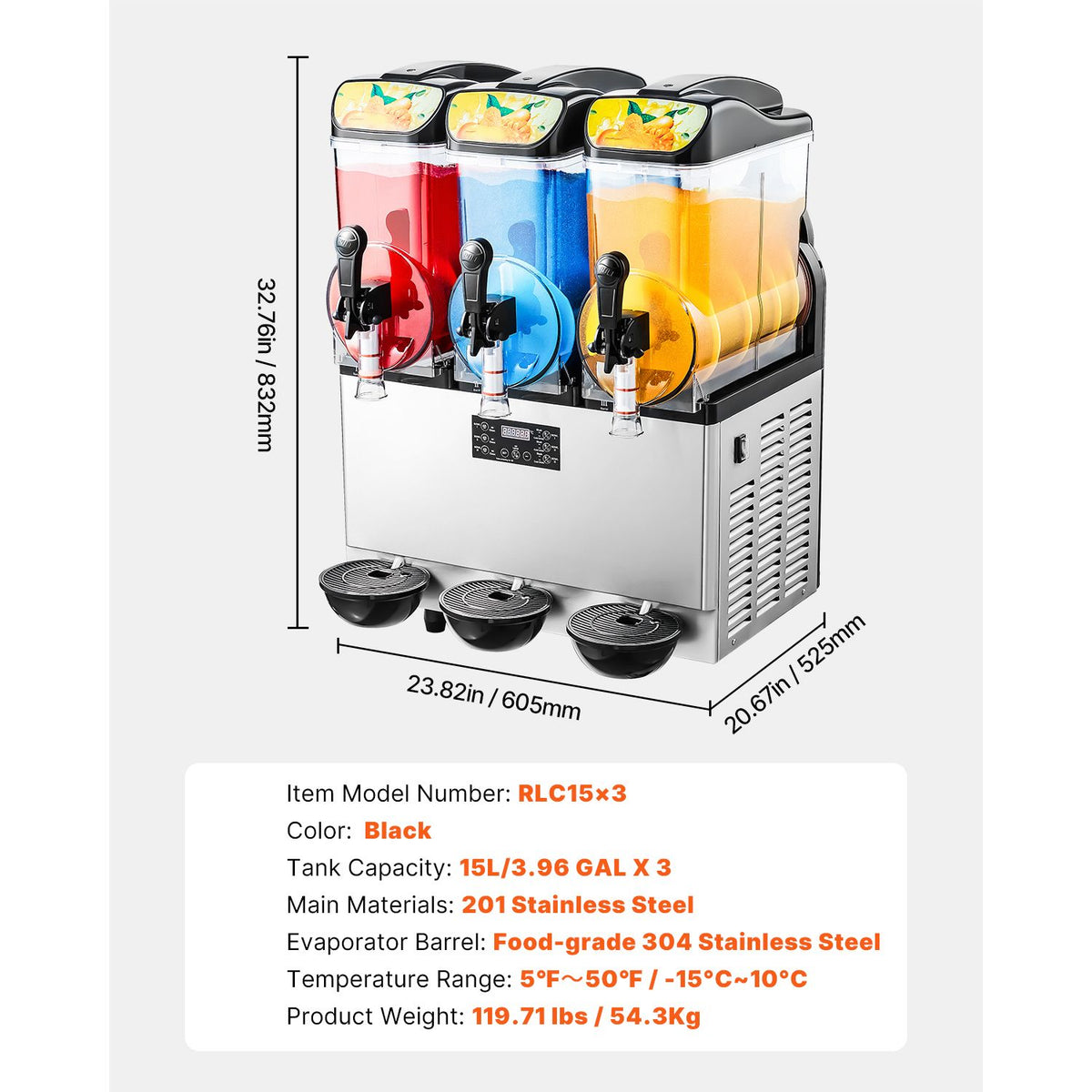 Commercial Frozen Drink Maker, 15Lx3 Triple Tank Slushy Machine, 180 Cups Stainless Steel Margarita Smoothie Frozen Drink Machine, Slushie Maker for Home Party Restaurants Cafe Bars