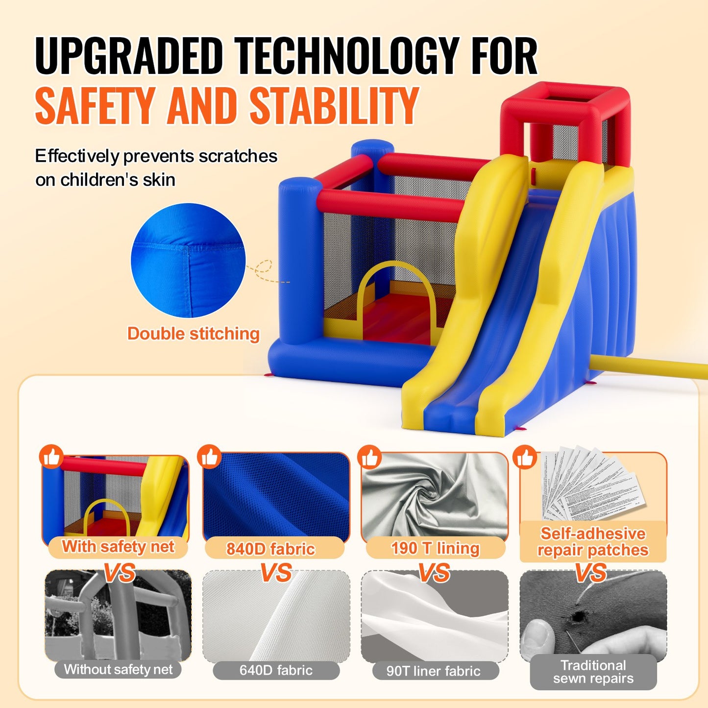 VEVOR Inflatable Bounce House, Outdoor High Quality Playhouse Trampoline, Jumping Bouncer with Blower, Slide, and Storage Bag, Family Backyard Bouncy Castle, for Kid Ages 3_8 Years, 3.4x2.6x2.3m