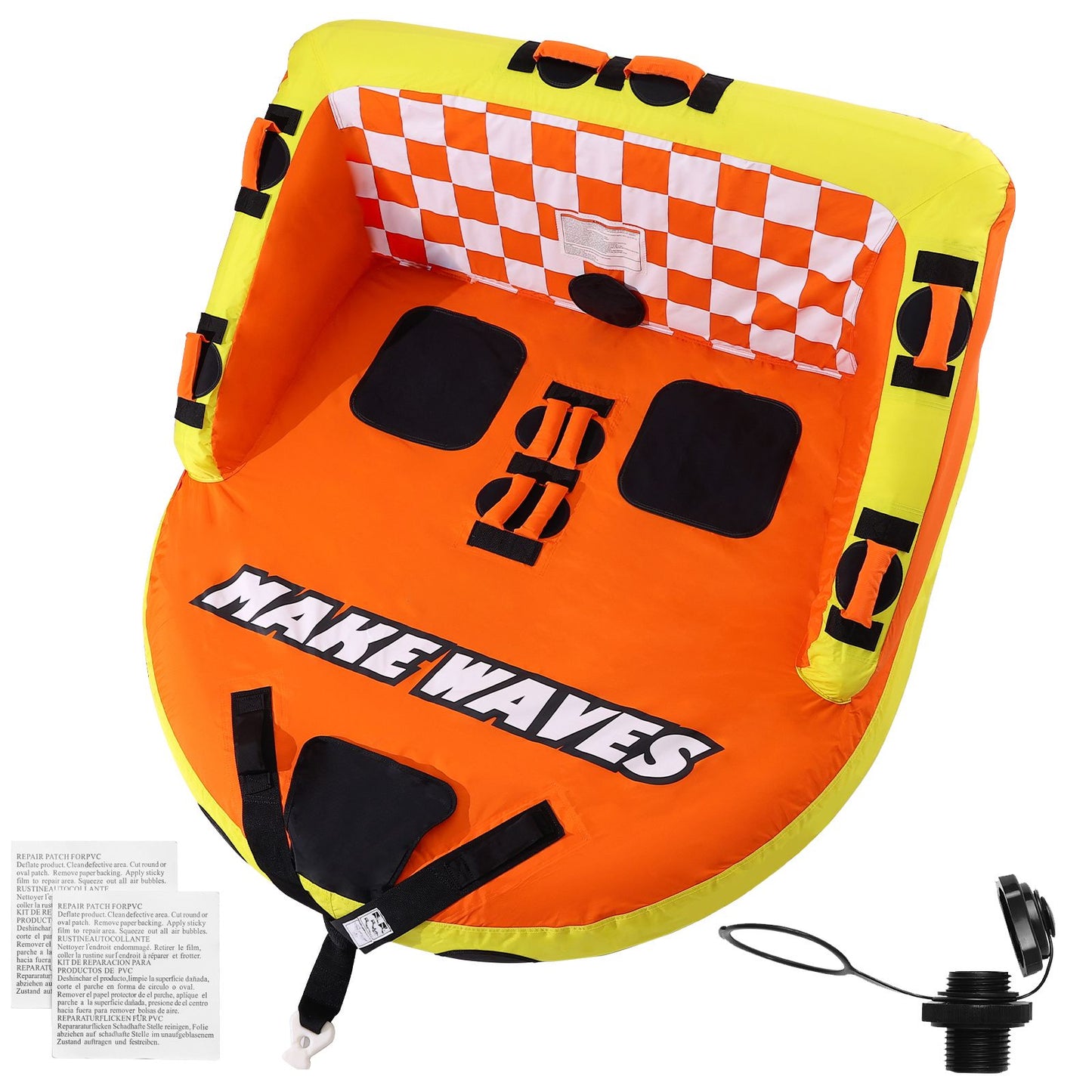 Towable Tube for Boating, 1-2 Riders Inflatable Towable Tubes with Deck Seats and Backrest, 340 lbs Water Sport Tube for Boat to Pull, Full Nylon Cover, EVA Grab Handles and Speed Safety Valve