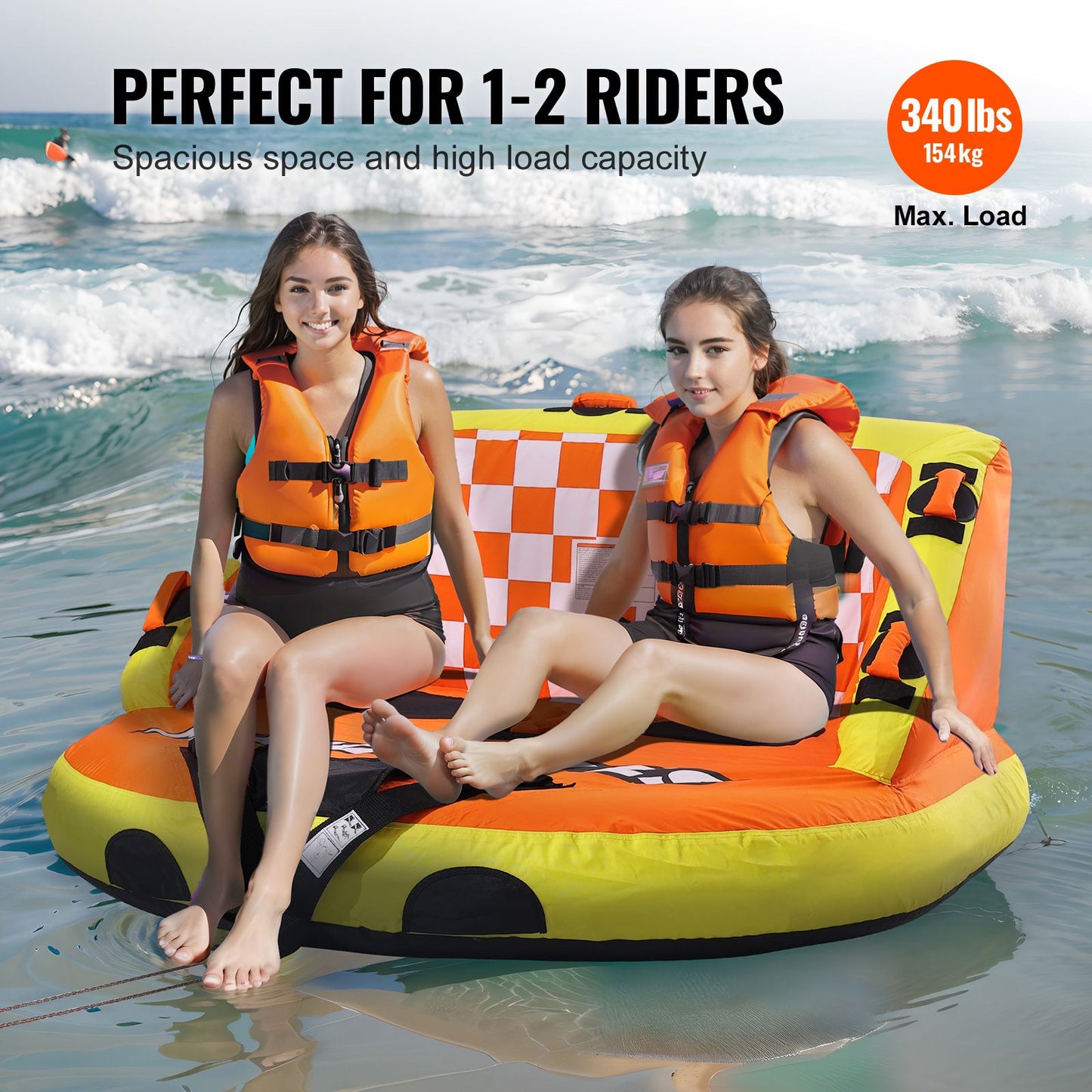 Towable Tube for Boating, 1-2 Riders Inflatable Towable Tubes with Deck Seats and Backrest, 340 lbs Water Sport Tube for Boat to Pull, Full Nylon Cover, EVA Grab Handles and Speed Safety Valve