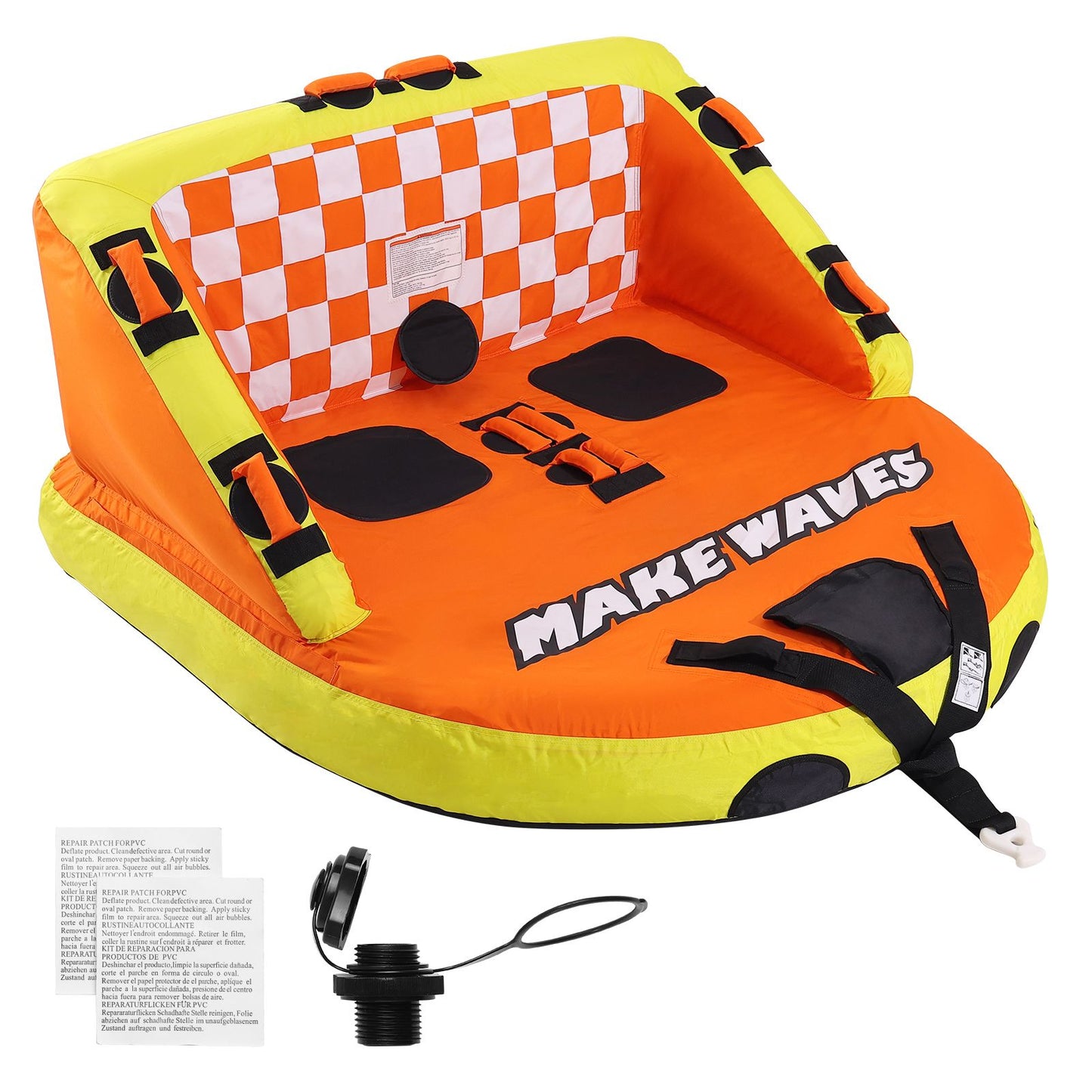 Towable Tube for Boating, 1-2 Riders Inflatable Towable Tubes with Deck Seats and Backrest, 340 lbs Water Sport Tube for Boat to Pull, Full Nylon Cover, EVA Grab Handles and Speed Safety Valve
