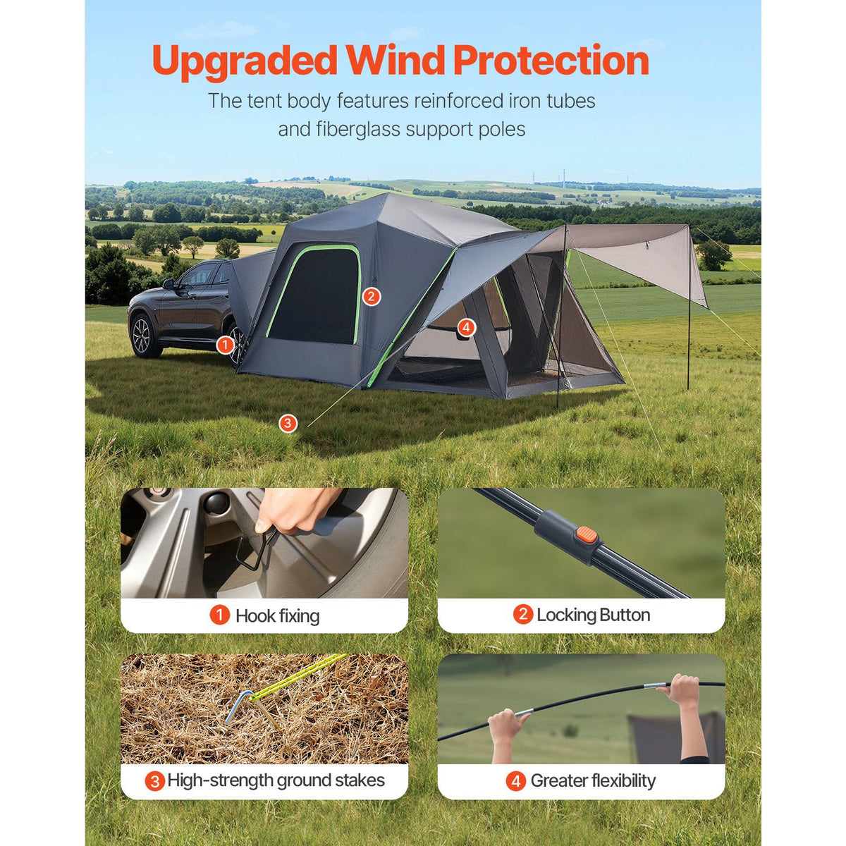SUV Tent for Camping, 10FT L x 10FT W, Waterproof PU2000mm Spacious Double Layer Design for 5-8 Person, SUV Camping Tent with Shade Awning and Mesh Windows, Includes Rainfly and Storage Bag