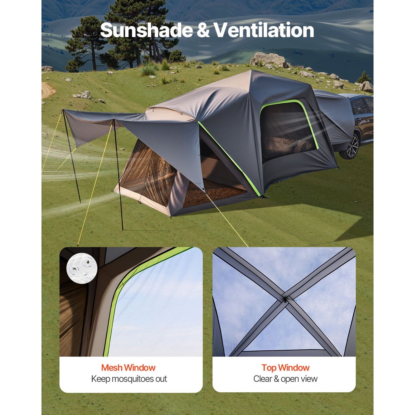 SUV Tent for Camping, 10FT L x 10FT W, Waterproof PU2000mm Spacious Double Layer Design for 5-8 Person, SUV Camping Tent with Shade Awning and Mesh Windows, Includes Rainfly and Storage Bag