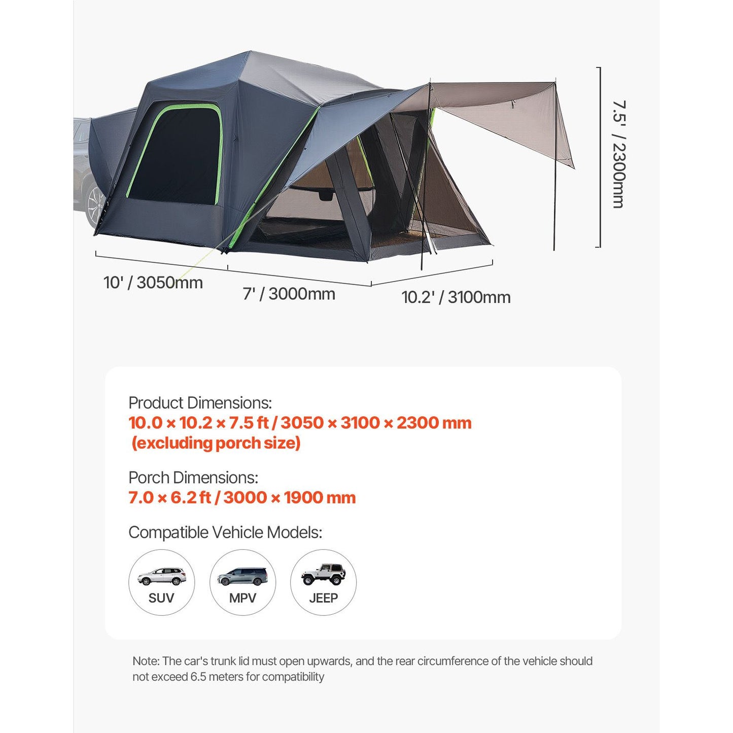 SUV Tent for Camping, 10FT L x 10FT W, Waterproof PU2000mm Spacious Double Layer Design for 5-8 Person, SUV Camping Tent with Shade Awning and Mesh Windows, Includes Rainfly and Storage Bag