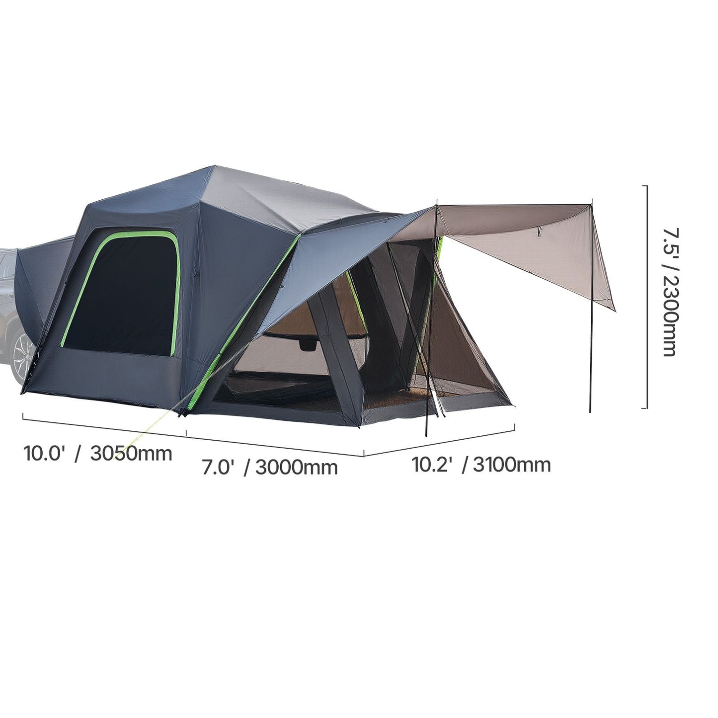 SUV Tent for Camping, 10FT L x 10FT W, Waterproof PU2000mm Spacious Double Layer Design for 5-8 Person, SUV Camping Tent with Shade Awning and Mesh Windows, Includes Rainfly and Storage Bag