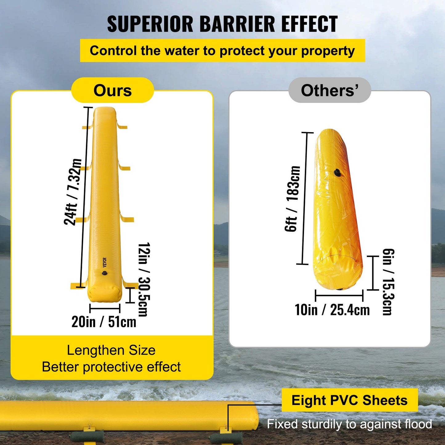 VEVOR Flood Barrier Hydro Barrier 24' Length x 12