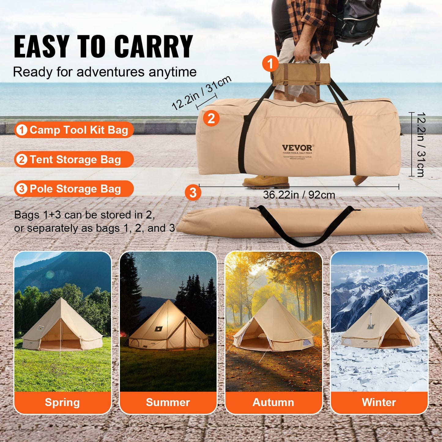 Canvas Bell Tent 4m/13.12ft 4-Season Camping Yurt Tent with Stove Jack