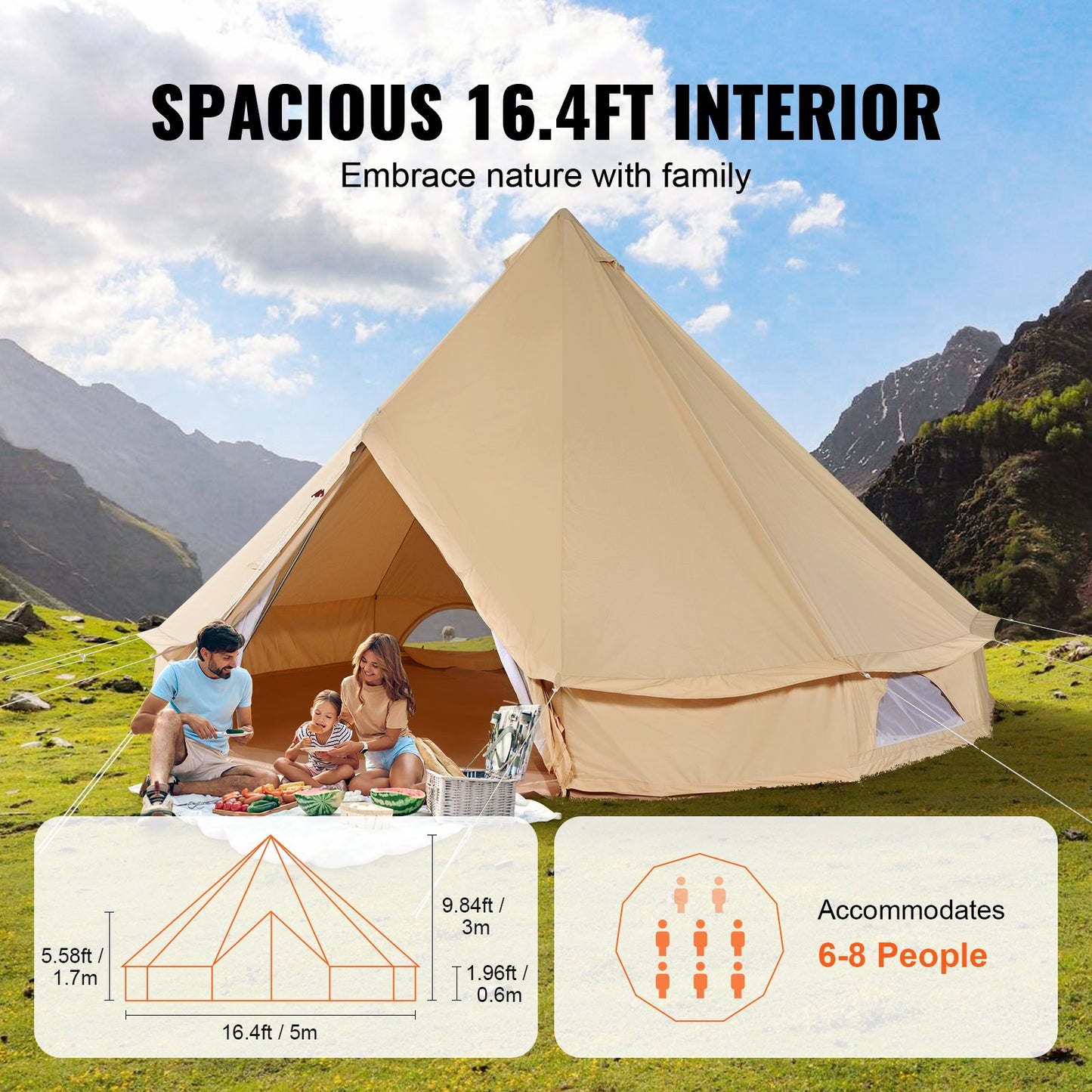Canvas Bell Tent 5m/16.4ft 4-Season Camping Yurt Tent with Stove Jack