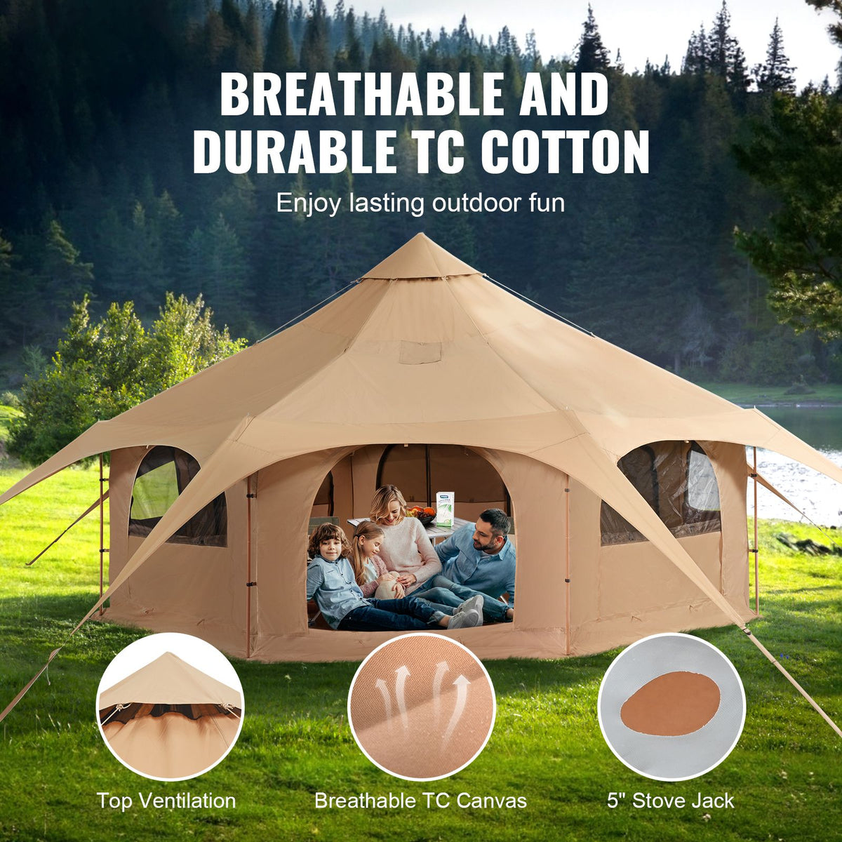 Canvas Tent 4 Seasons 5 m/16.4 ft Bell Tent for Camping with Stove Jack