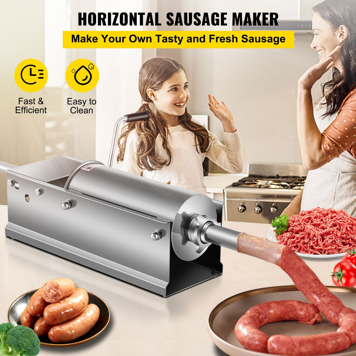 Manual Sausage Stuffer, 5 L / 11 LBS Horizontal Sausage Machine, Dual-Speed Meat Stuffer, Made of Food-Grade 304 Stainless Steel, Includes 5 Stuffing Tubes, for Home Kitchen Restaurant Commercia