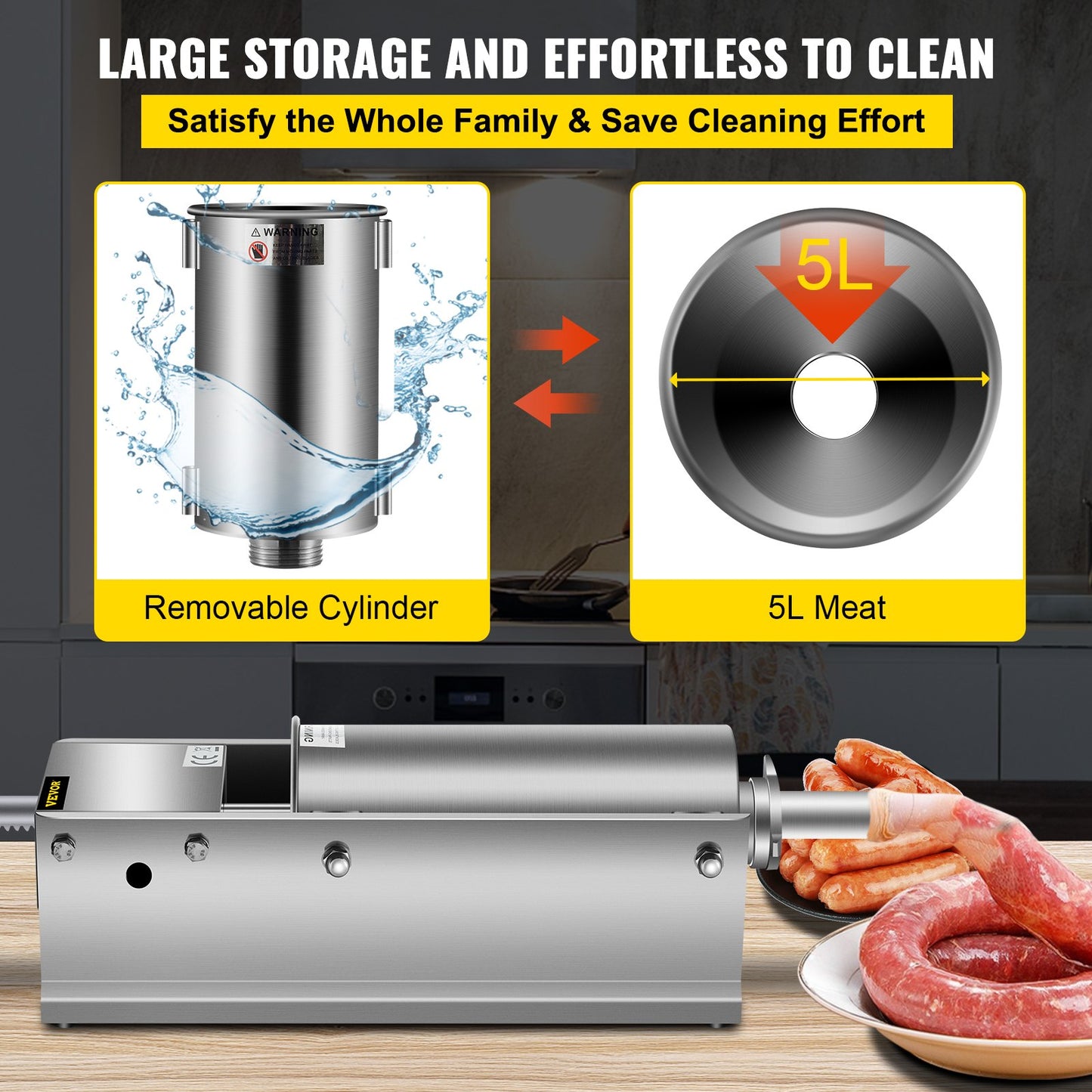 Manual Sausage Stuffer, 5 L / 11 LBS Horizontal Sausage Machine, Dual-Speed Meat Stuffer, Made of Food-Grade 304 Stainless Steel, Includes 5 Stuffing Tubes, for Home Kitchen Restaurant Commercia