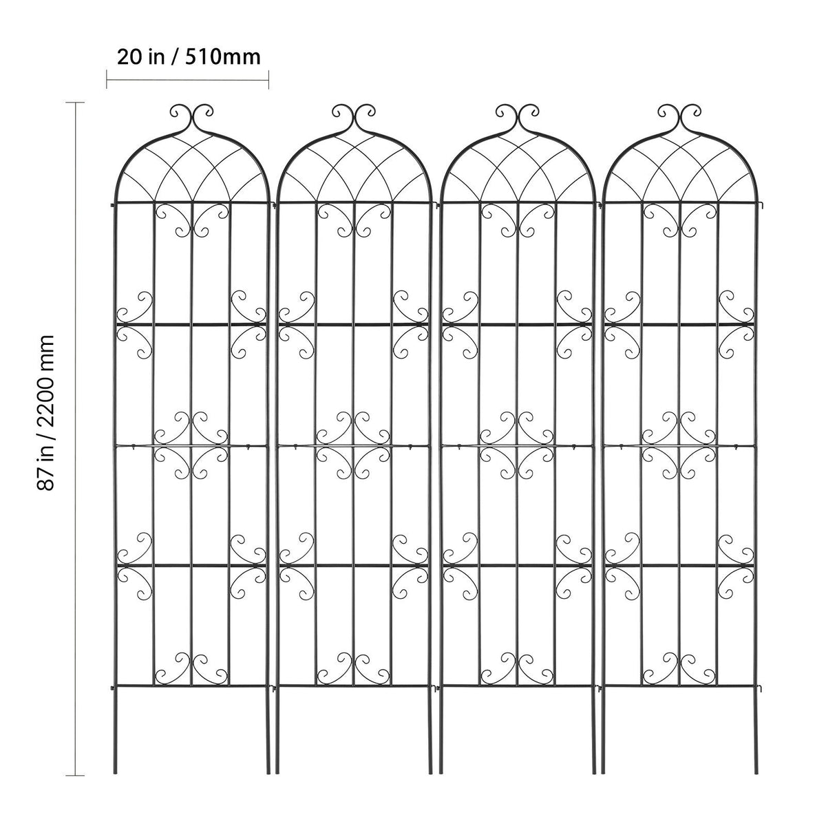 Garden Trellis for Climbing Plants, 87 x 20 in, 4 Packs Rustproof Metal Garden Flower Trellis, Outdoor Climbing Rose Trellis Cucumbers Support, Decorative Clematis Trellis for Courtyards Lawns