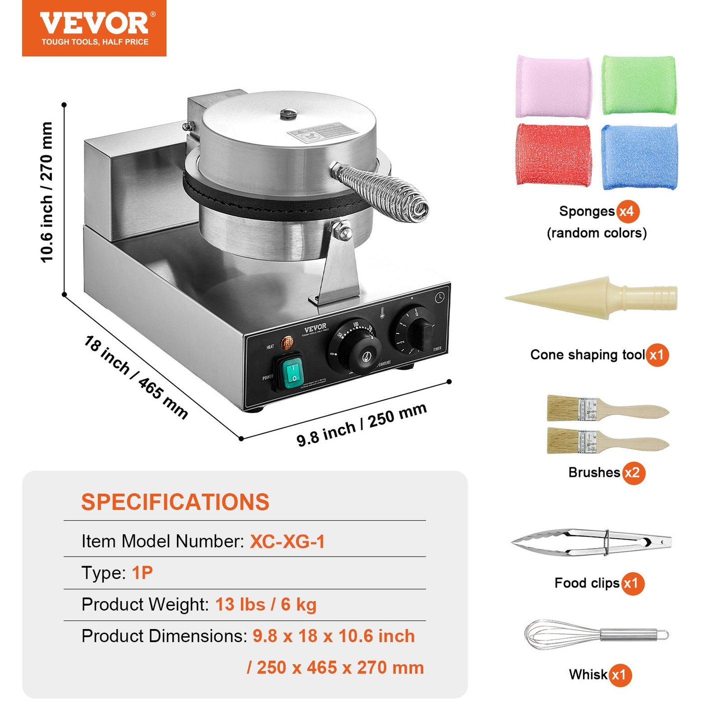 Electric Ice Cream Cone Maker, Commercial 1230W Waffle Cone Machine, Non-Stick Stainless Steel Egg Roll Mold, with Temperature and Time Control, Handle, for Restaurant Bakery Snack Bar Family