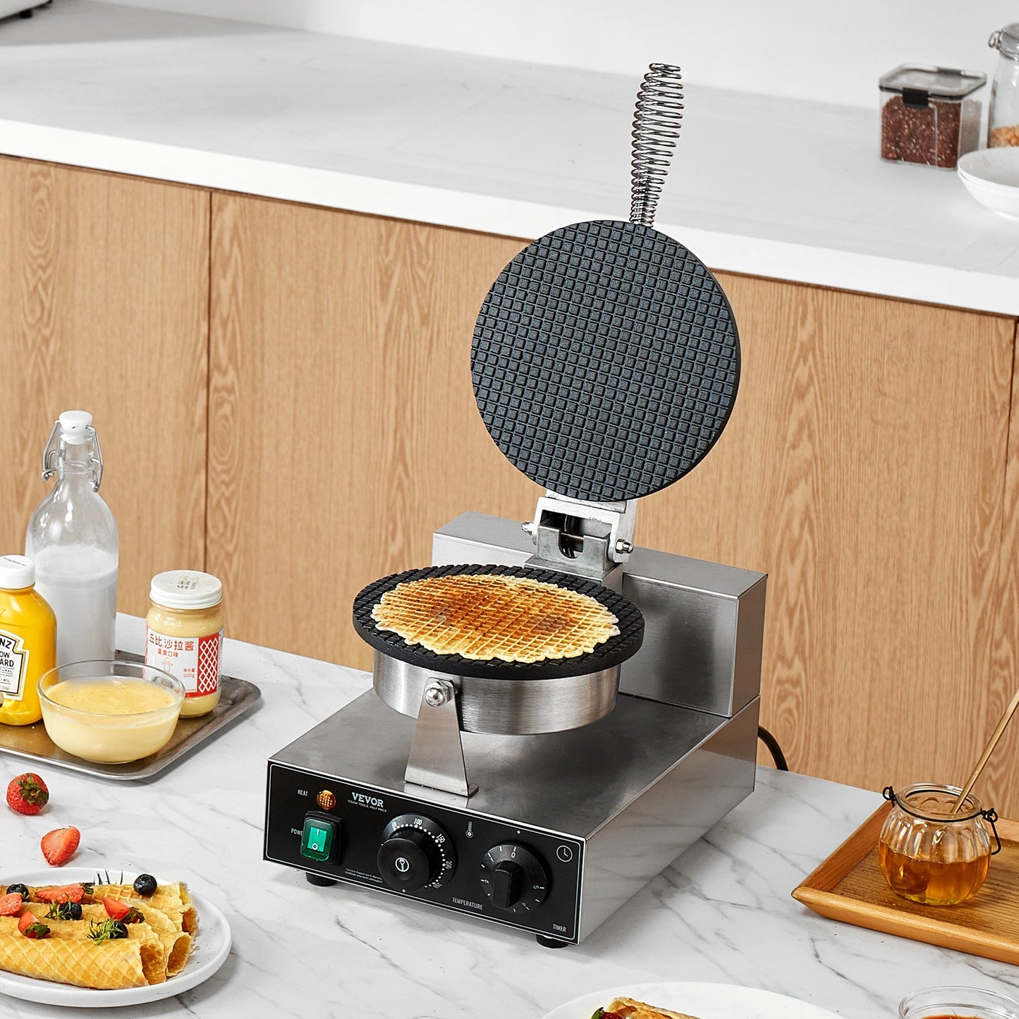 Electric Ice Cream Cone Maker, Commercial 1230W Waffle Cone Machine, Non-Stick Stainless Steel Egg Roll Mold, with Temperature and Time Control, Handle, for Restaurant Bakery Snack Bar Family