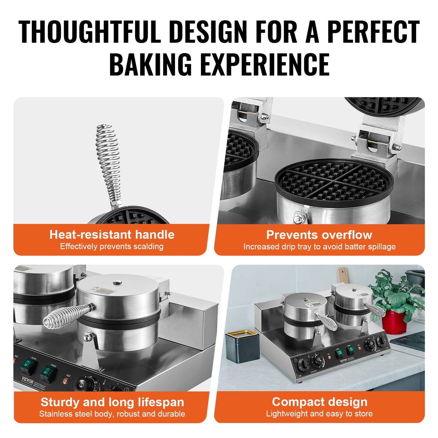 Commercial Waffle Maker, Dual-Head Round Waffle Baker Machine, 2460W Non-Stick Stainless Steel Belgian Waffle Iron with Temp and Time Control, Handle, for Restaurant Bakery Snack Bar Family