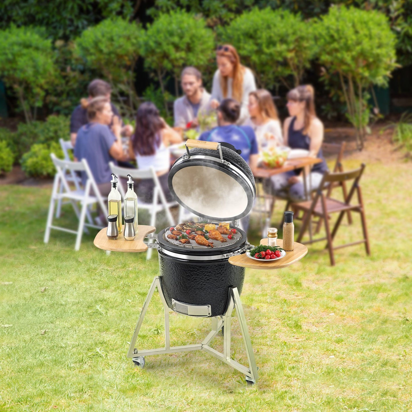 Portable Charcoal Grill, Propane Gas Grills with Cover and Cart, Heavy Duty Stainless Steel BBQ Grill, Mini Smoker for Outdoor Cooking, Barbecue Camping, Picnic, and Backyard, Black