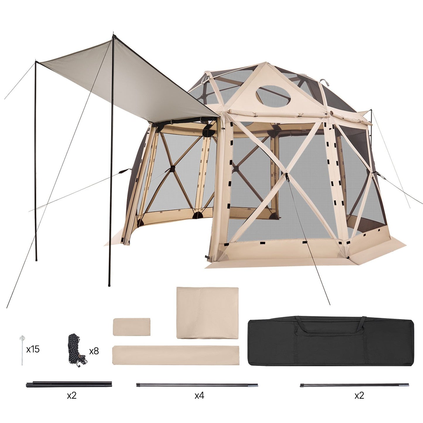 Pop up Gazebo Screen Tent, 3.6x3.6 m, 13-Sided Spherical Camping Canopy Tent with Removable Top & Carry Bag, Quick-Set & Bite-Proof, Screen House Sun Shelter for 8-10 Persons, Beige
