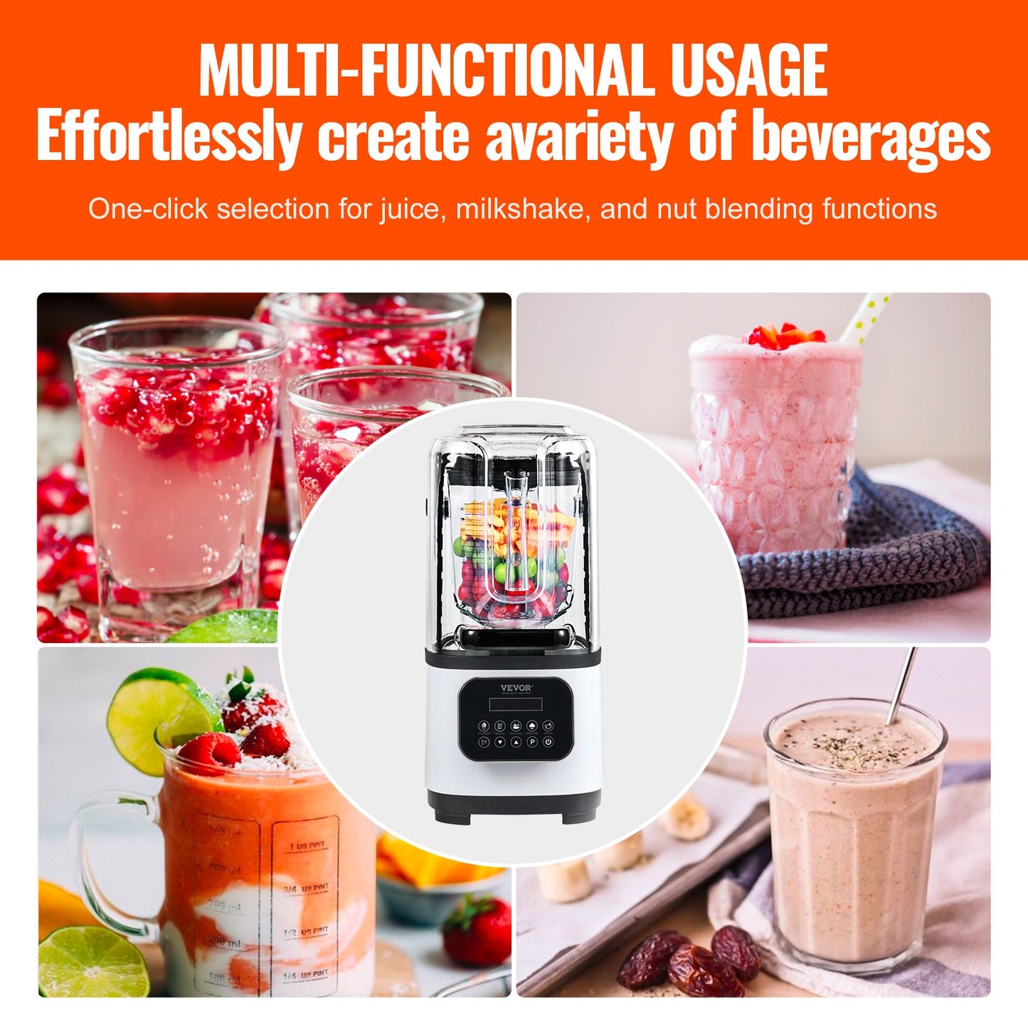 Professional Blender with Shield, Commercial Countertop Blenders, 2L Jar Blender Combo, Stainless Steel 9 Speed & 5 Functions Blender, for Shakes, Smoothies, Peree, and Crush Ice, White