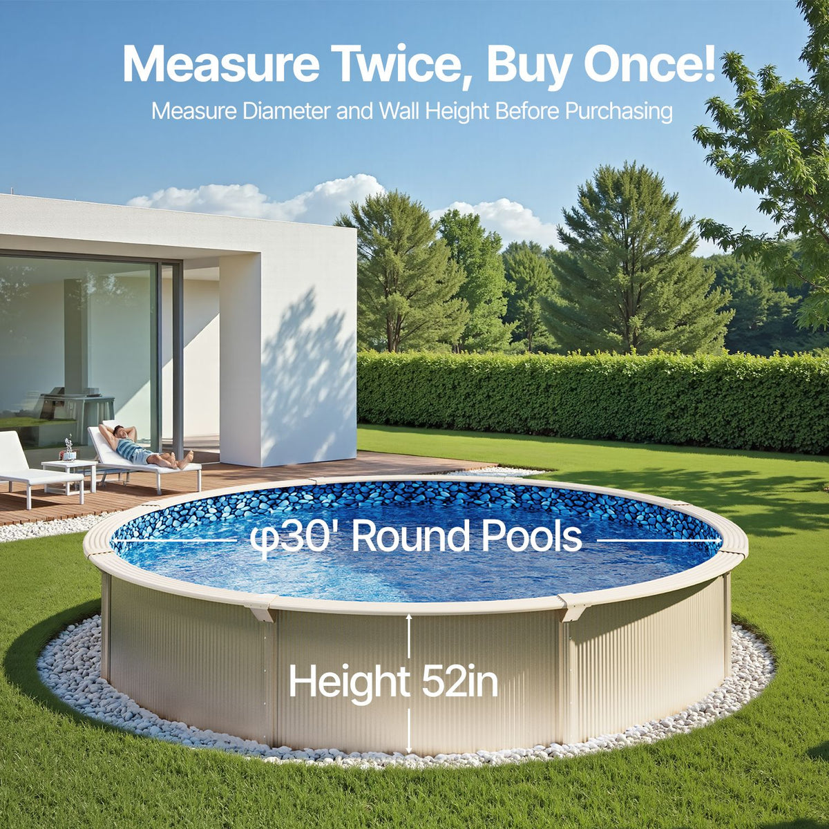 Pool Liner, 30ft Round Pool Liner, Uinbead Style, Durable Vinyl Pool Liner, Standard Gauge, 52in Wall Height, Pool Liner Replacement for Steel Sided Above-Ground Swimming Pools