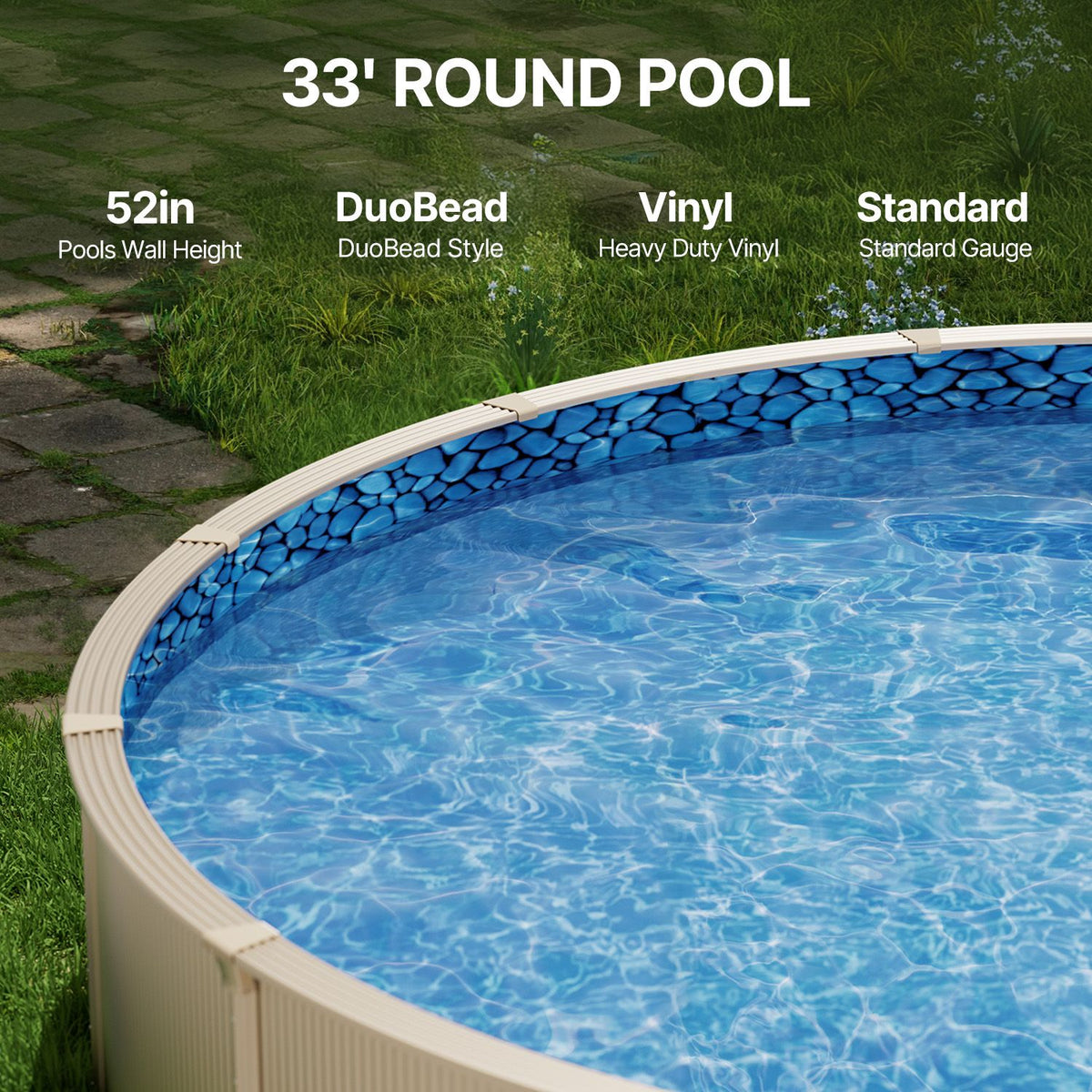 Pool Liner, 33ft Round Pool Liner, Uinbead Style, Durable Vinyl Pool Liner, Standard Gauge, 52in Wall Height, Pool Liner Replacement for Steel Sided Above-Ground Swimming Pools