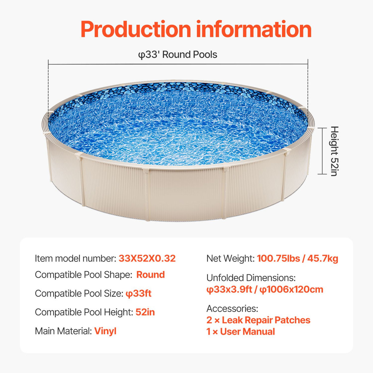 Pool Liner, 33ft Round Pool Liner, Uinbead Style, Durable Vinyl Pool Liner, Standard Gauge, 52in Wall Height, Pool Liner Replacement for Steel Sided Above-Ground Swimming Pools