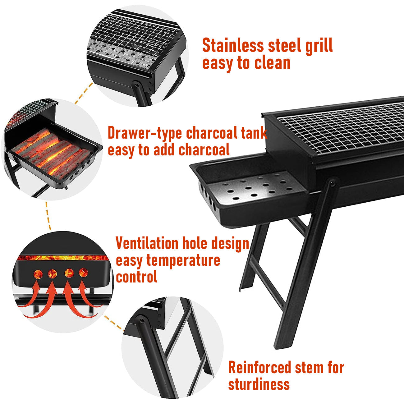Charcoal BBQ Grill Folding Portable Camping Barbecue Grill Lightweight for Outdoor  60x22x37cm