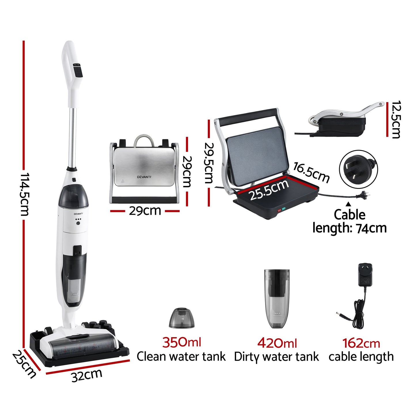Devanti Cordless Wet Dry Vacuum Mop plus Sandwich Maker Panini Press