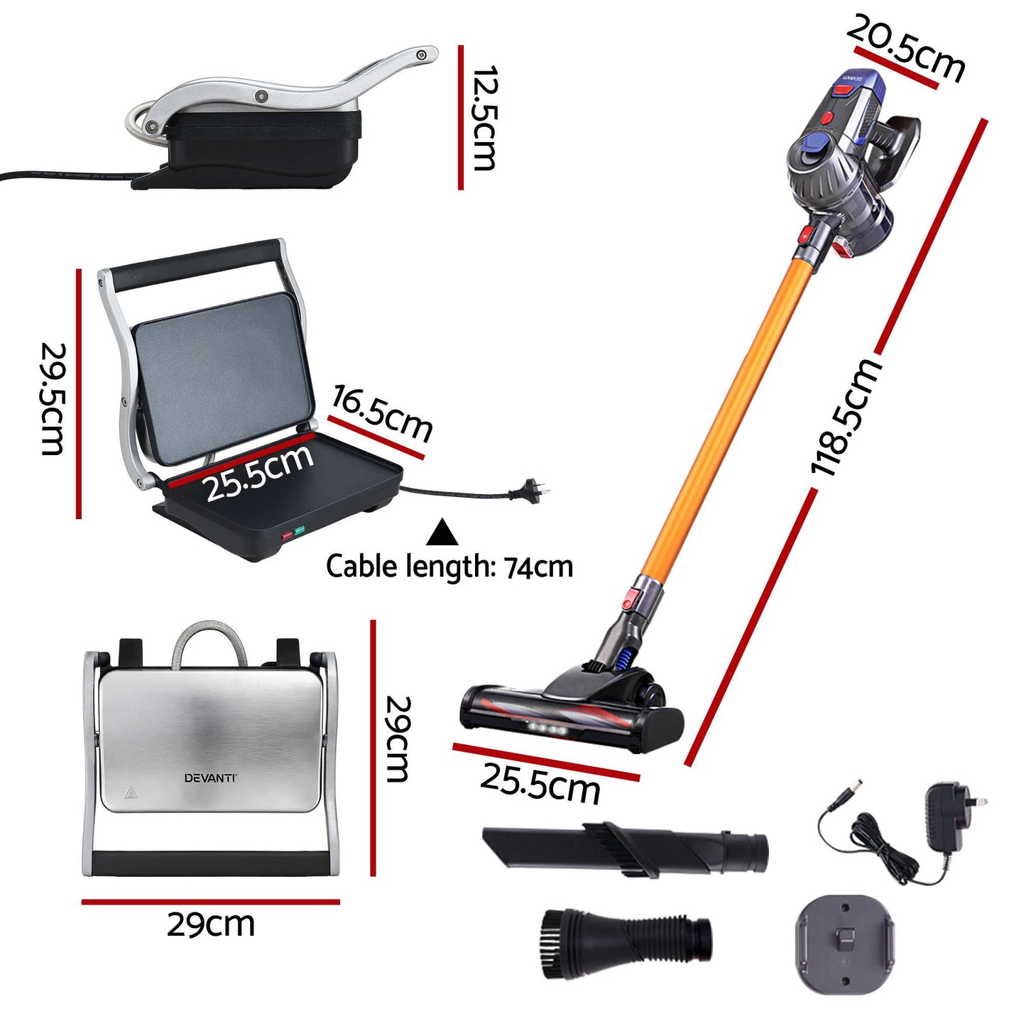 Devanti K7 Cordless Stick Vacuum Cleaner plus Sandwich Maker Panini Press