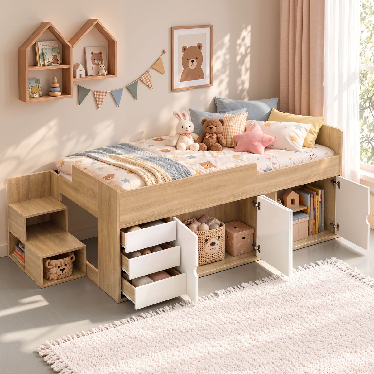 Artiss King Single Bed Frame with Storage, 3 Drawers and Two-Step Access, 2 Cabinets