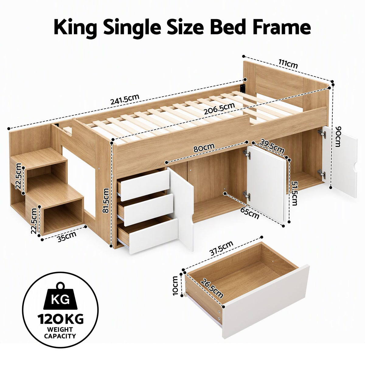 Artiss King Single Bed Frame with Storage, 3 Drawers and Two-Step Access, 2 Cabinets