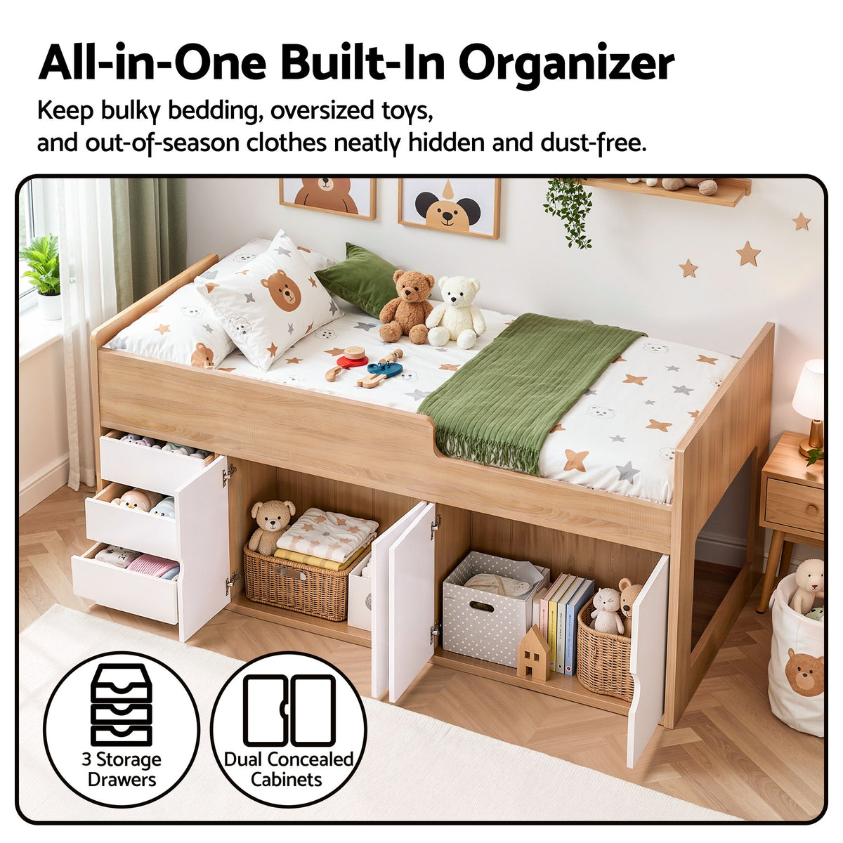 Artiss King Single Bed Frame with Storage, 3 Drawers and Two-Step Access, 2 Cabinets