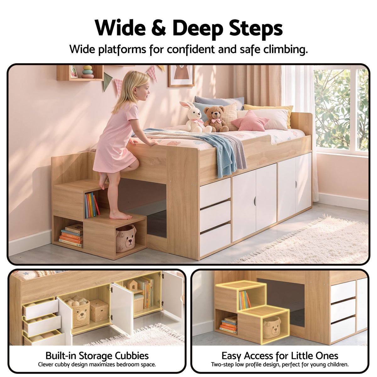 Artiss King Single Bed Frame with Storage, 3 Drawers and Two-Step Access, 2 Cabinets