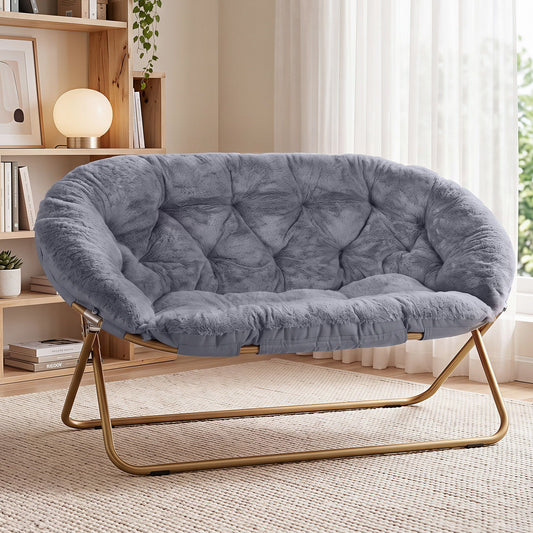 Artiss Double Saucer Chair Soft Faux Fur Lounge Foldable Oversize Chair for Bedroom Grey