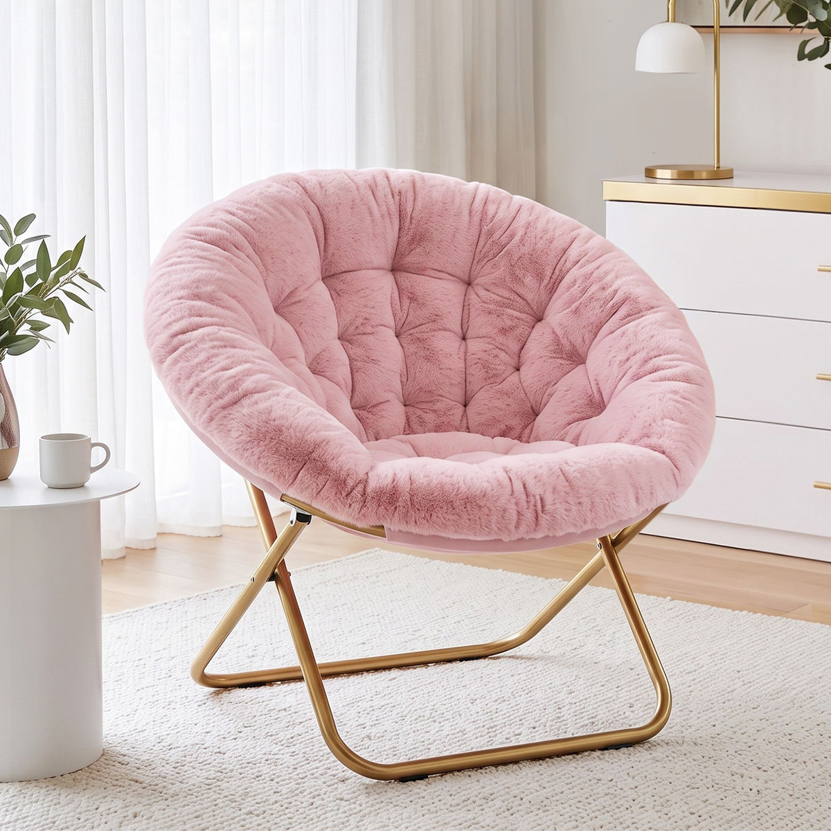Artiss Cozy Saucer Chair Soft Faux Fur Folding Accent Chair for Bedroom Pink