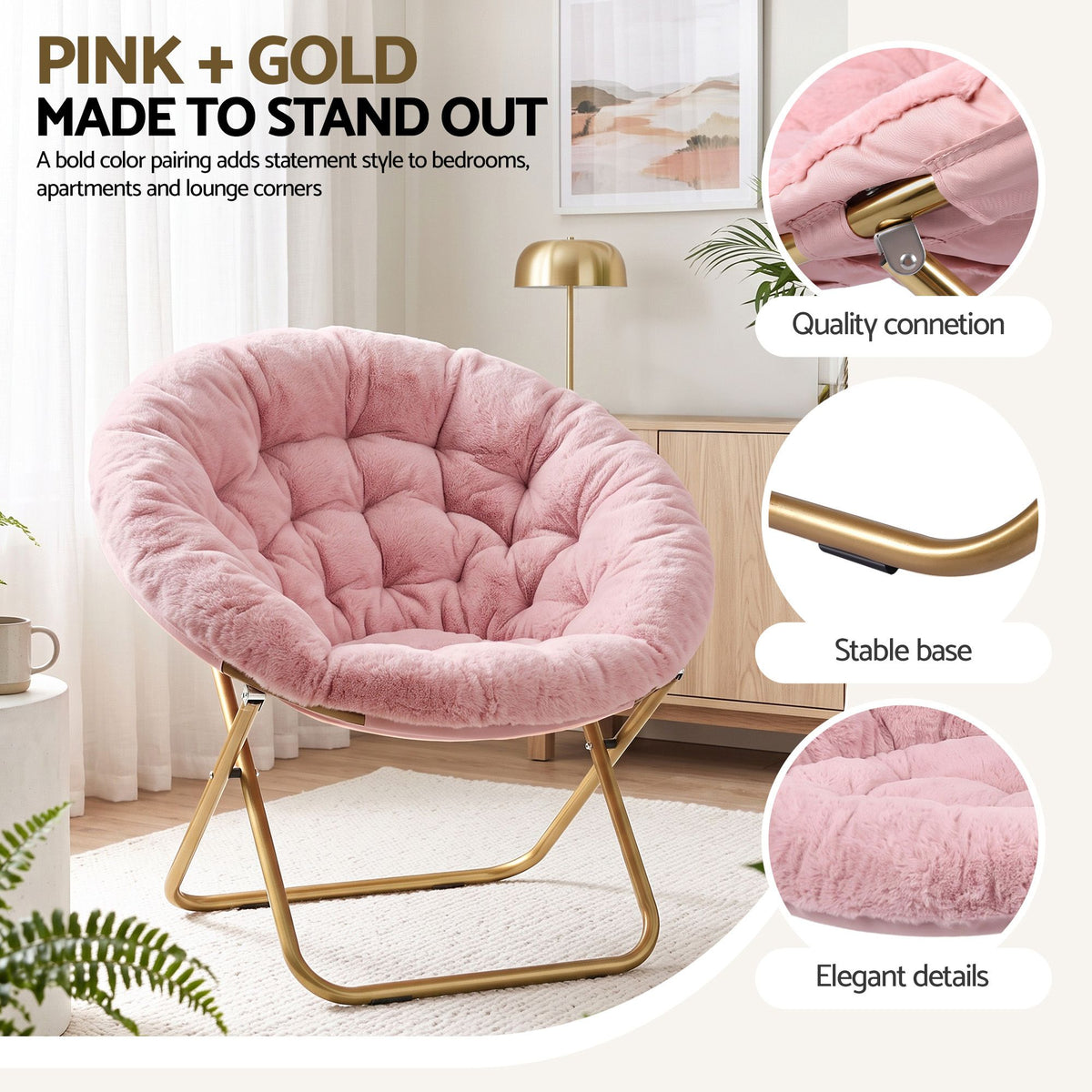 Artiss Cozy Saucer Chair Soft Faux Fur Folding Accent Chair for Bedroom Pink