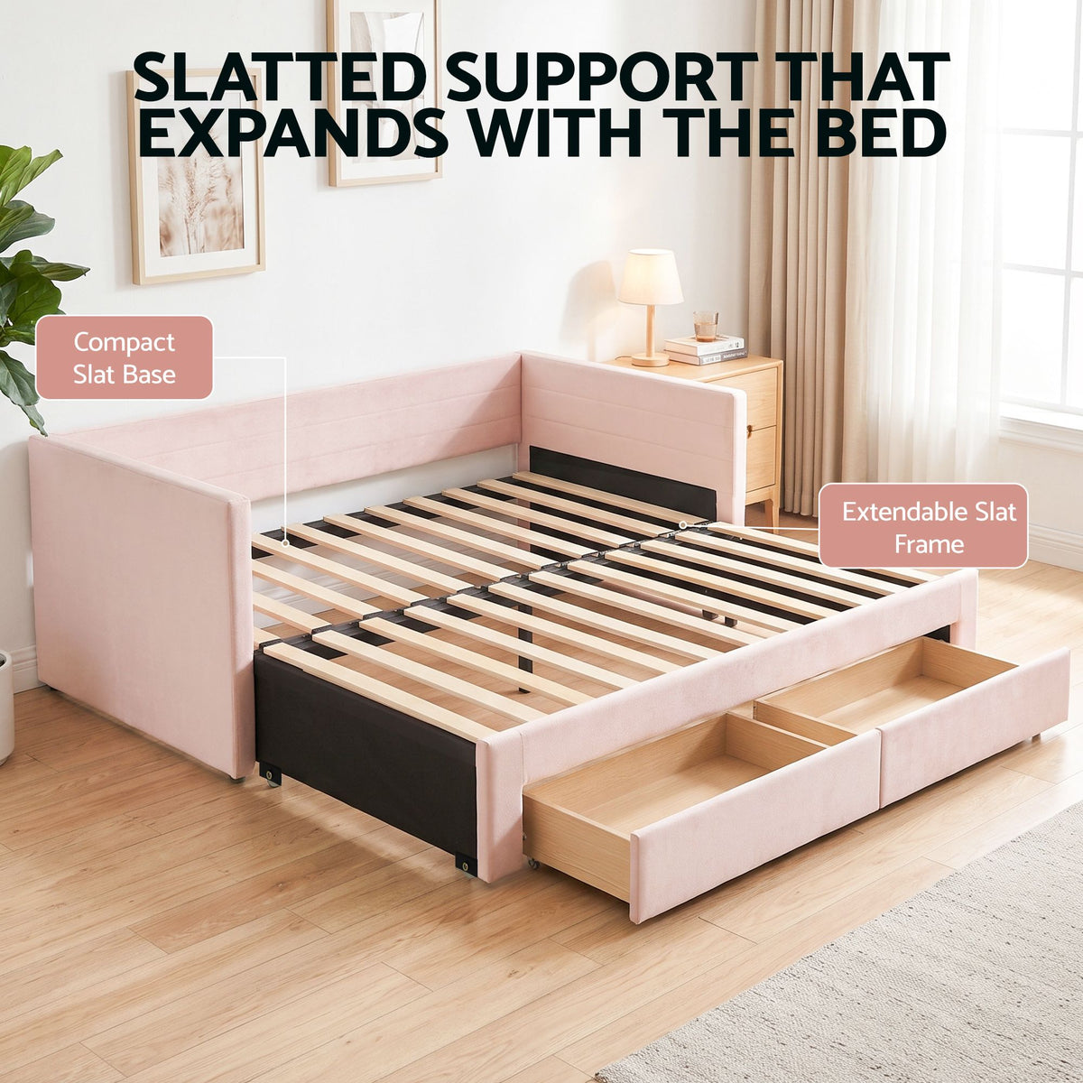 Artiss Single Extendable Daybed with 2 Storage Drawers, Pink