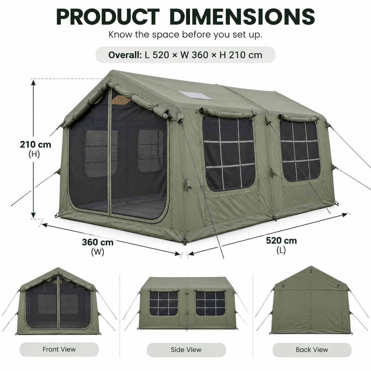 Weisshorn Inflatable Cabin Camping Tent Olive Green Mesh Entry 520x360cm