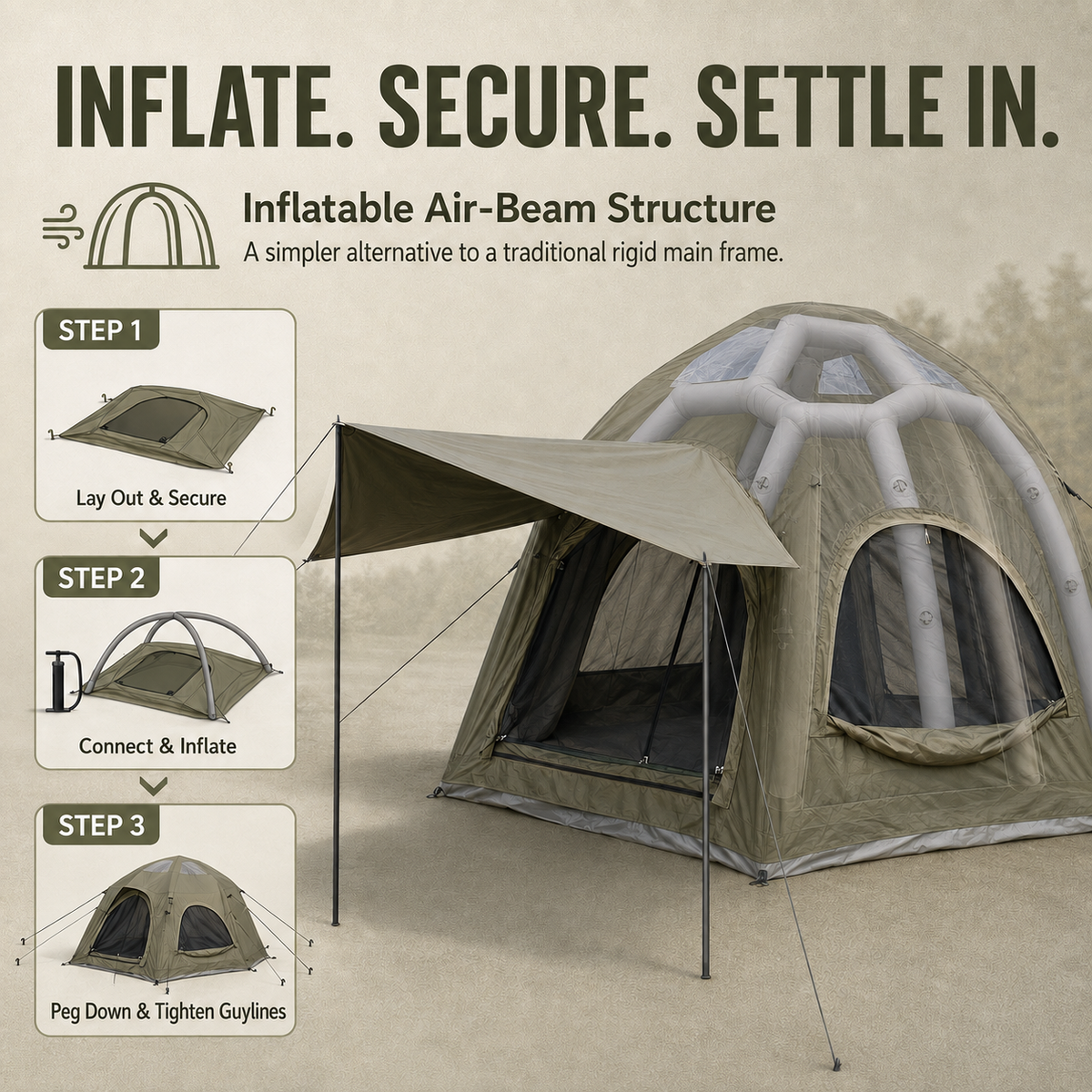 Weisshorn 4 Person Inflatable Camping Tent TC Canvas Sun Shade Rain-Ready