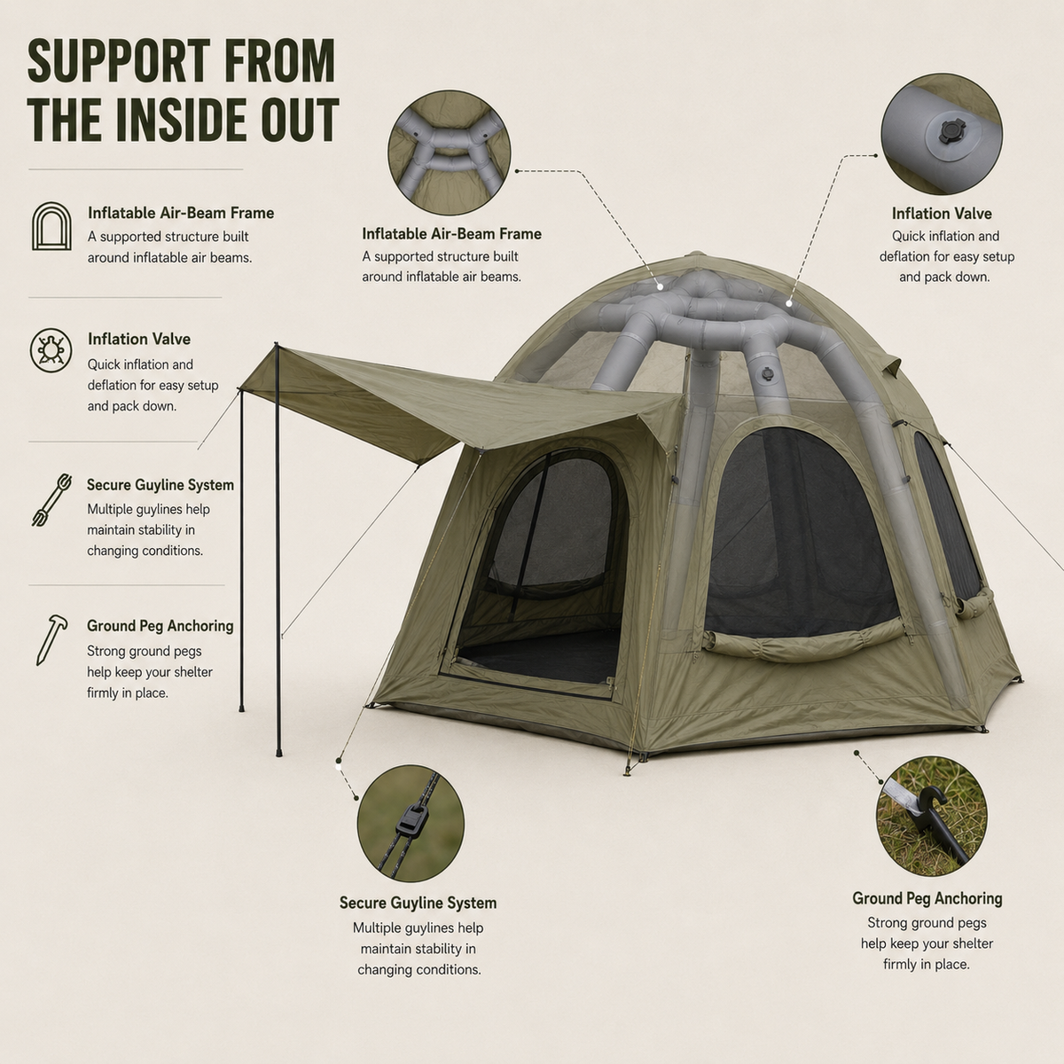 Weisshorn 4 Person Inflatable Camping Tent TC Canvas Sun Shade Rain-Ready