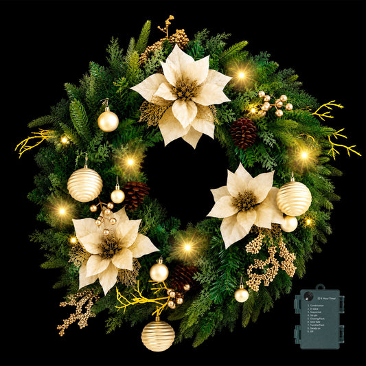 Jingle Jollys 60cm Vorbeleuchteter Weihnachtskranz LED-Girlanden Goldene Blumen Tannenzapfen Deko
