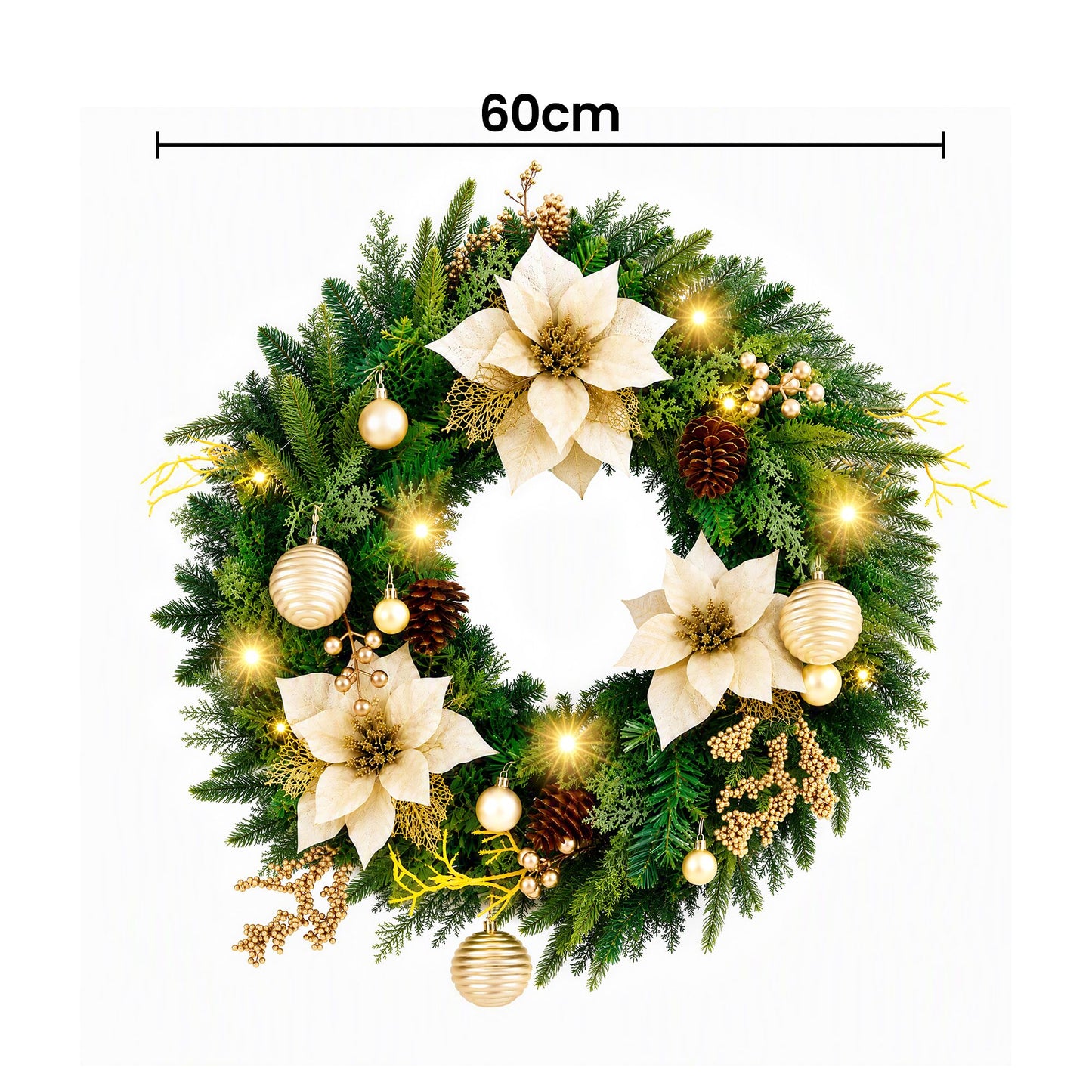 Jingle Jollys 60cm Vorbeleuchteter Weihnachtskranz LED-Girlanden Goldene Blumen Tannenzapfen Deko
