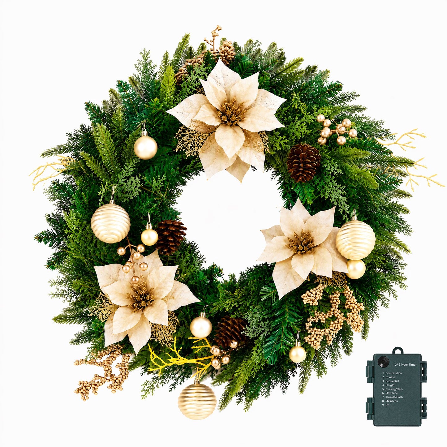 Jingle Jollys 60cm Vorbeleuchteter Weihnachtskranz LED-Girlanden Goldene Blumen Tannenzapfen Deko