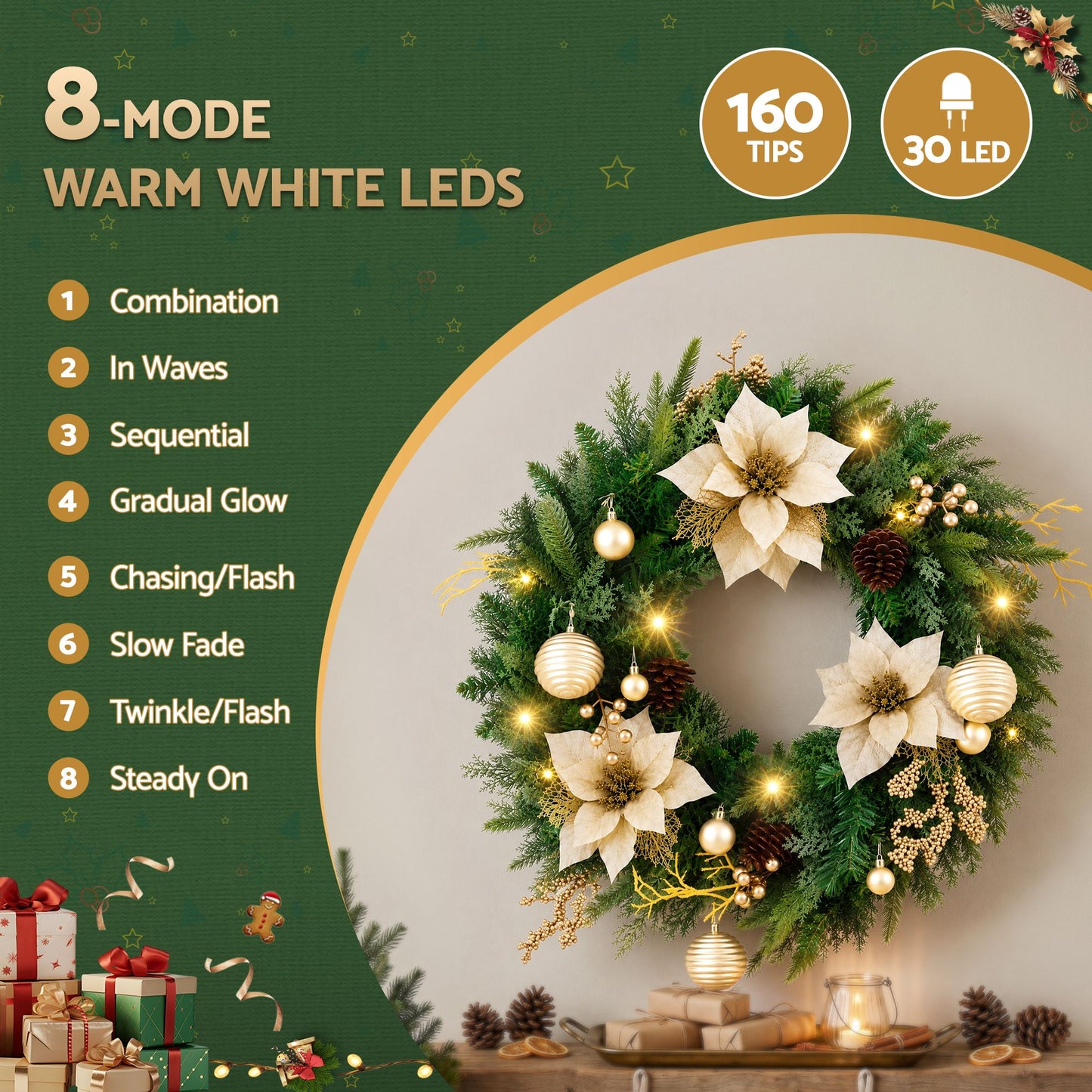 Jingle Jollys 60cm Vorbeleuchteter Weihnachtskranz LED-Girlanden Goldene Blumen Tannenzapfen Deko