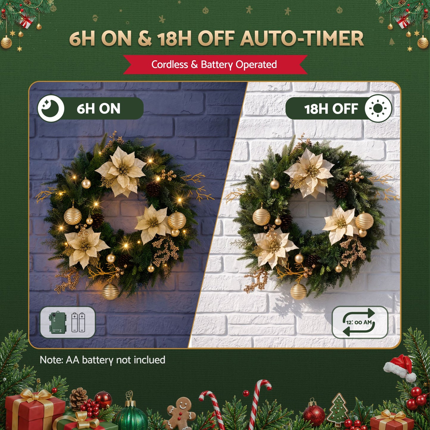 Jingle Jollys 60cm Vorbeleuchteter Weihnachtskranz LED-Girlanden Goldene Blumen Tannenzapfen Deko