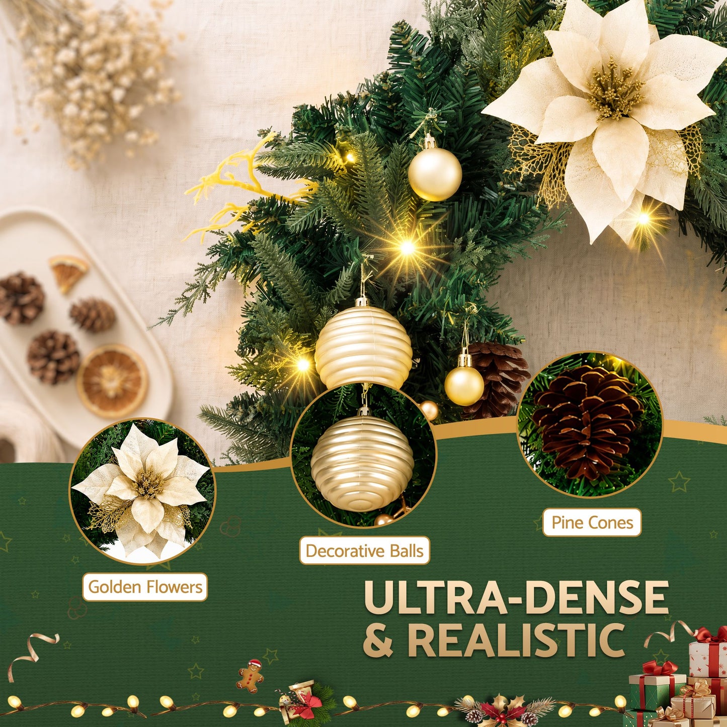 Jingle Jollys 60cm Vorbeleuchteter Weihnachtskranz LED-Girlanden Goldene Blumen Tannenzapfen Deko