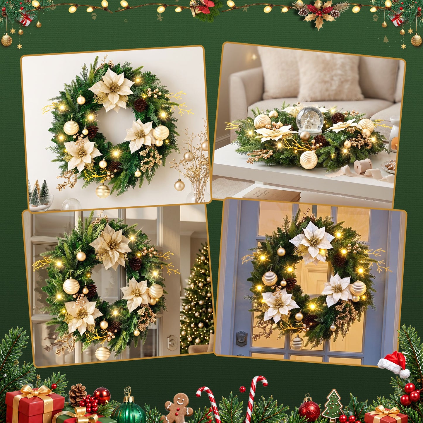 Jingle Jollys 60cm Vorbeleuchteter Weihnachtskranz LED-Girlanden Goldene Blumen Tannenzapfen Deko