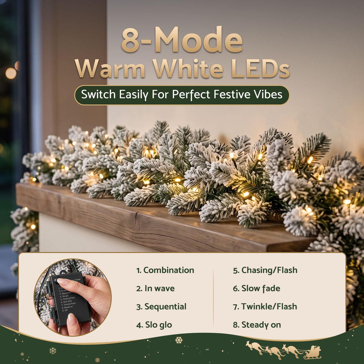 Jingle Jollys 1,8 m Weihnachtsgirlande 8 Modi LED Schneebedeckte Spitzen Automatischer Timer
