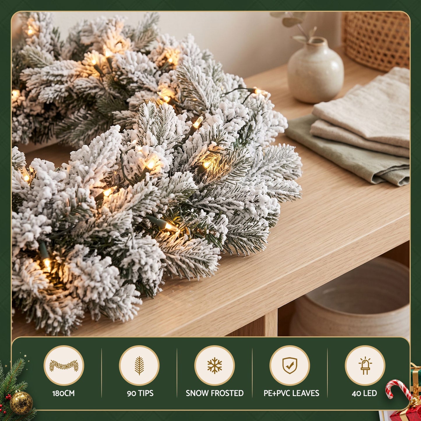 Jingle Jollys 1,8 m Weihnachtsgirlande 8 Modi LED Schneebedeckte Spitzen Automatischer Timer